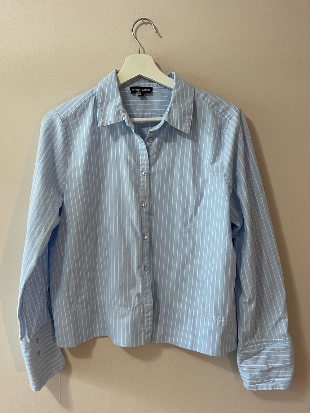 Light Blue Pinstripe Cropped Button-Down Shirt with Heart Detail at Cuff